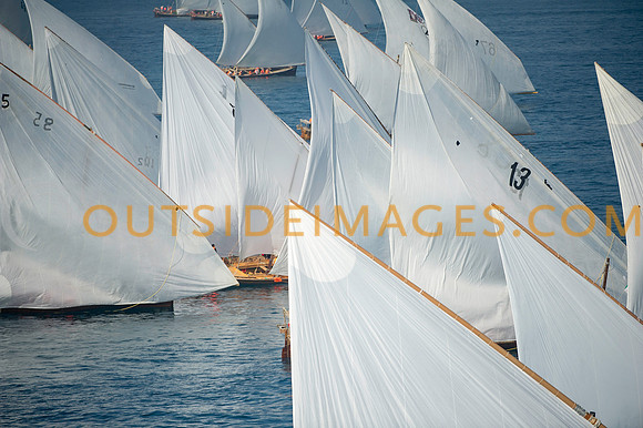Traditional sailing Dhows get ready for a race.